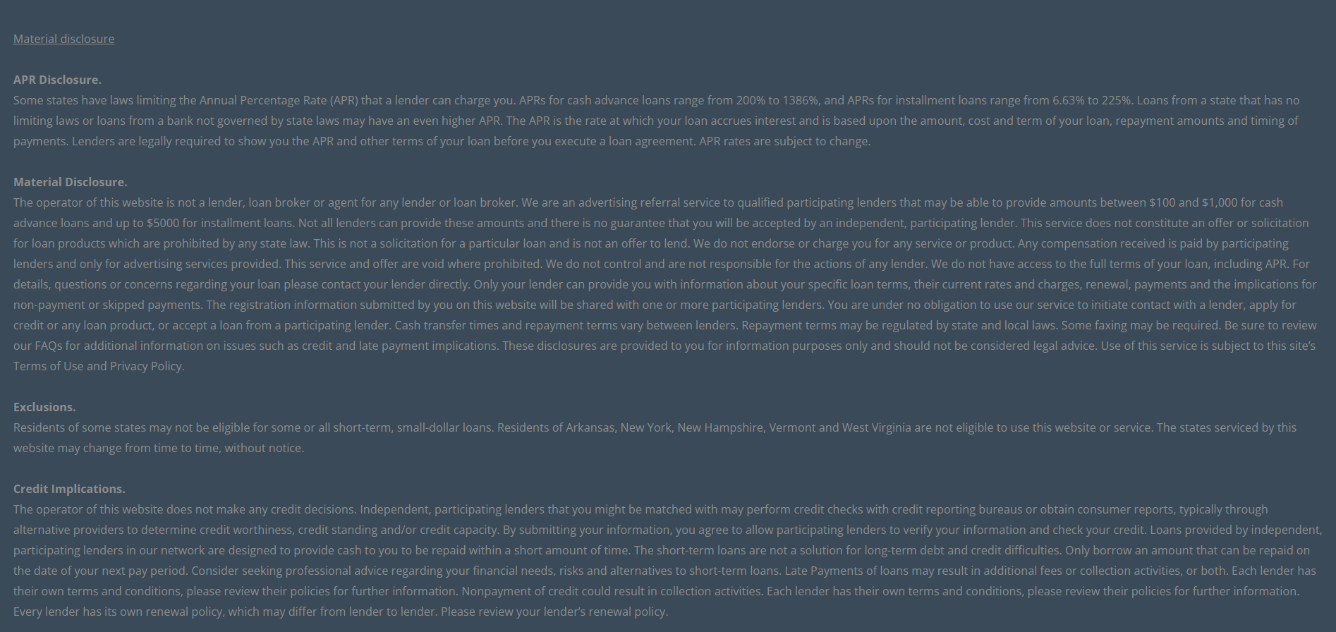 Material disclosure for payday loans in Plano Texas